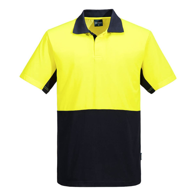 A Hi-Vis polo shirt featuring a bright yellow front and navy blue side panels, with a collar and branding.
