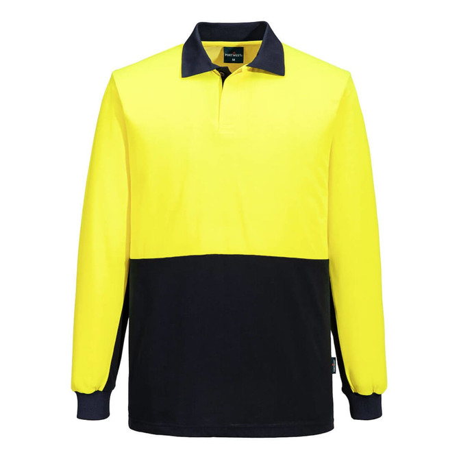 A long-sleeve polo shirt featuring high-visibility yellow and navy colours, with a logo on the label.