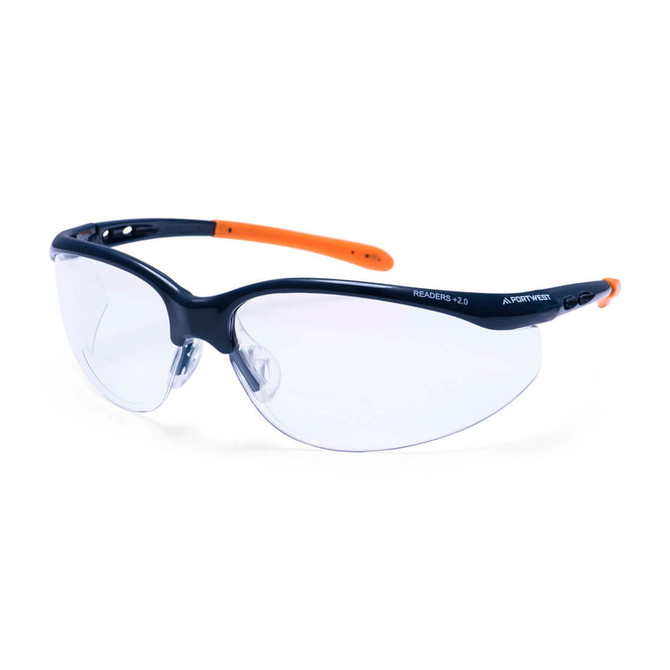 Safety Readers feature a navy frame with orange accents and clear lenses, designed for eye protection.