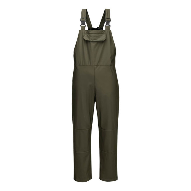 A pair of olive green waterproof bib overalls with adjustable straps and a front pocket. Features a logo on the side.