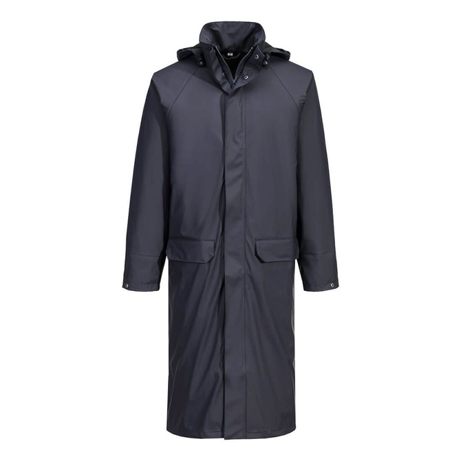 A long, dark navy coat with a hood and front pockets, featuring a logo on the chest.