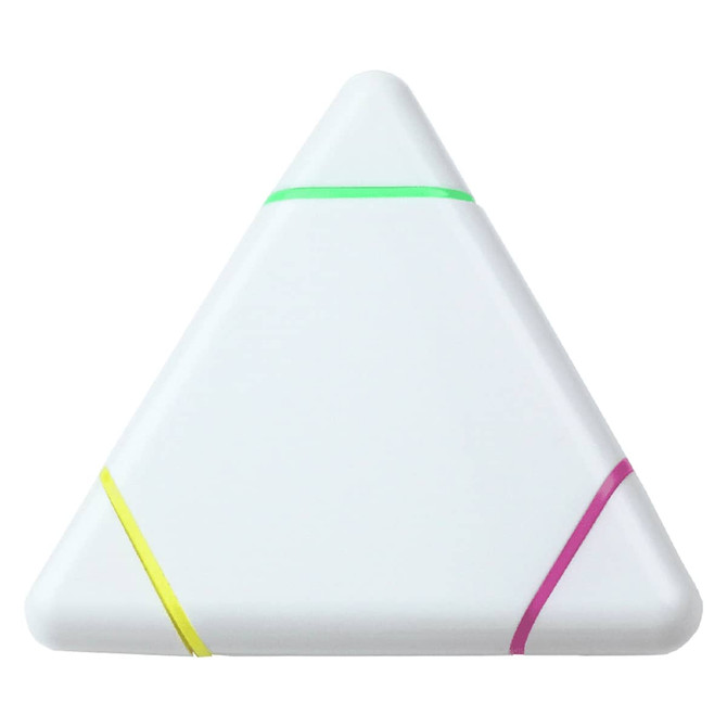 A triangular highlighter in white with green, yellow, and pink accents. Features a logo on one side.