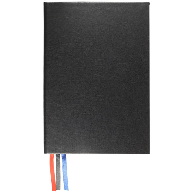 A black diary with three coloured ribbon bookmarks—red, blue, and grey—on the spine. It features a branding logo.