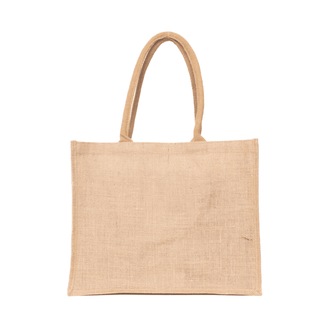 A large, natural-coloured jute supermarket bag with two sturdy handles and a simple design.