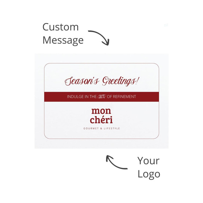 A promotional greeting card featuring a red and white design with space for a custom message and a logo.