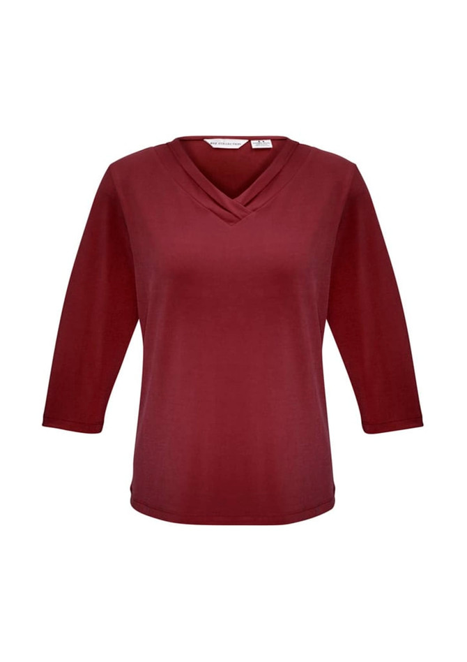 A burgundy women's 3/4 sleeve top featuring a crossover neckline and a branded label.