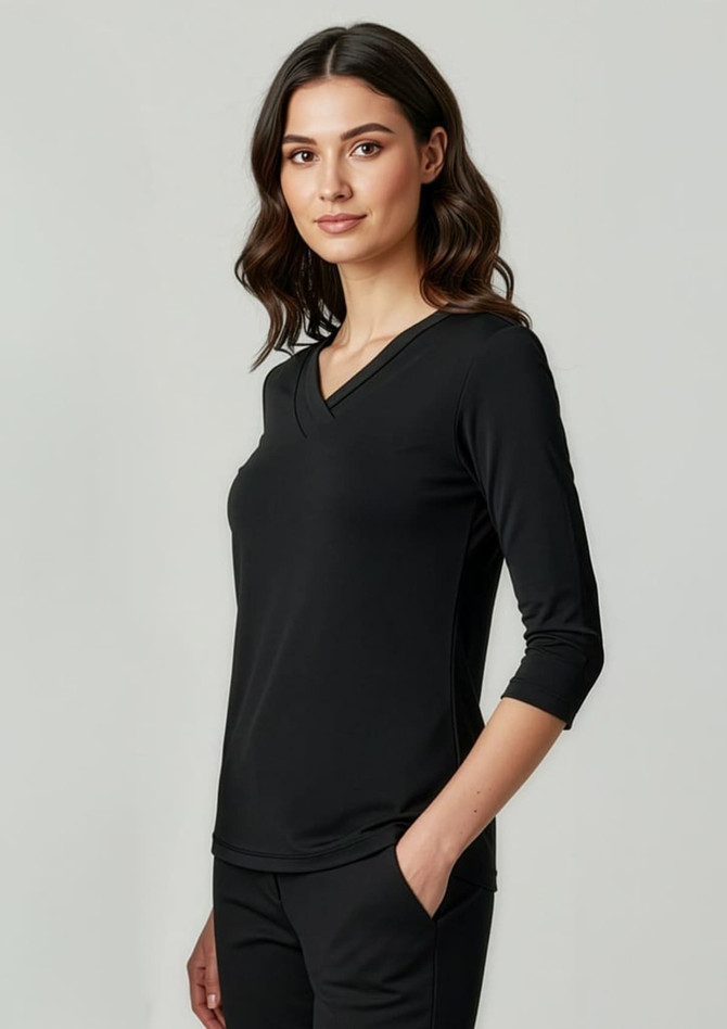 A black women's 3/4 sleeve top with a V-neck design and a fitted silhouette. It features a logo on the garment.