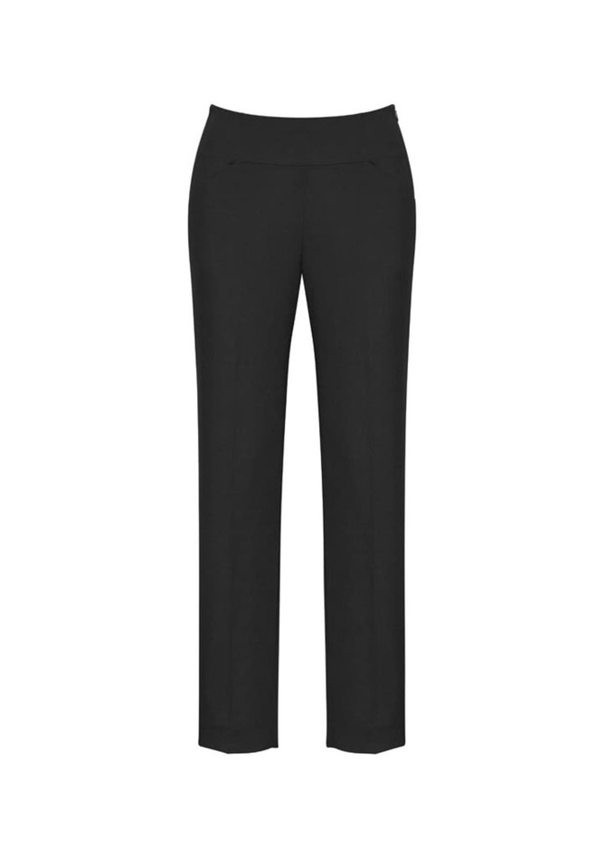 Black slim leg pants featuring a bandless waist design, suitable for casual or professional wear.