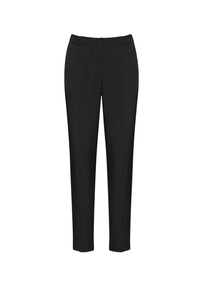 Black women's ultra comfort waist pants, designed for a relaxed fit. Features a basic slacks style with a waistband.