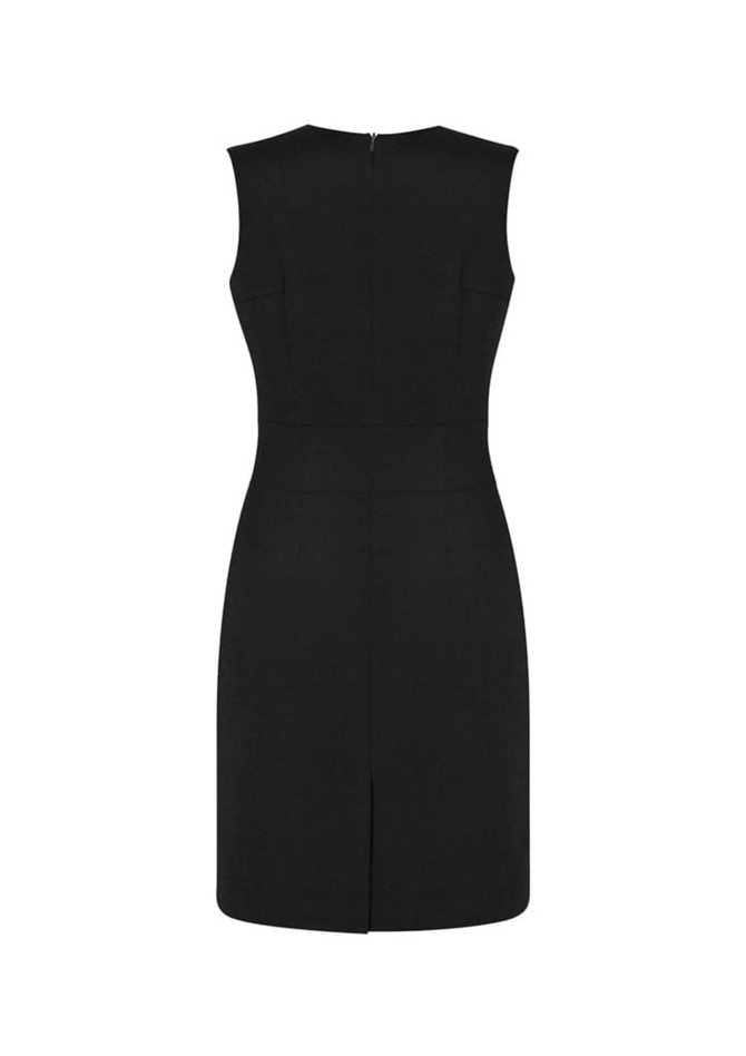 A black sleeveless V-neck dress with a back zipper and a subtle back slit. It features a fitted silhouette and sleek design.