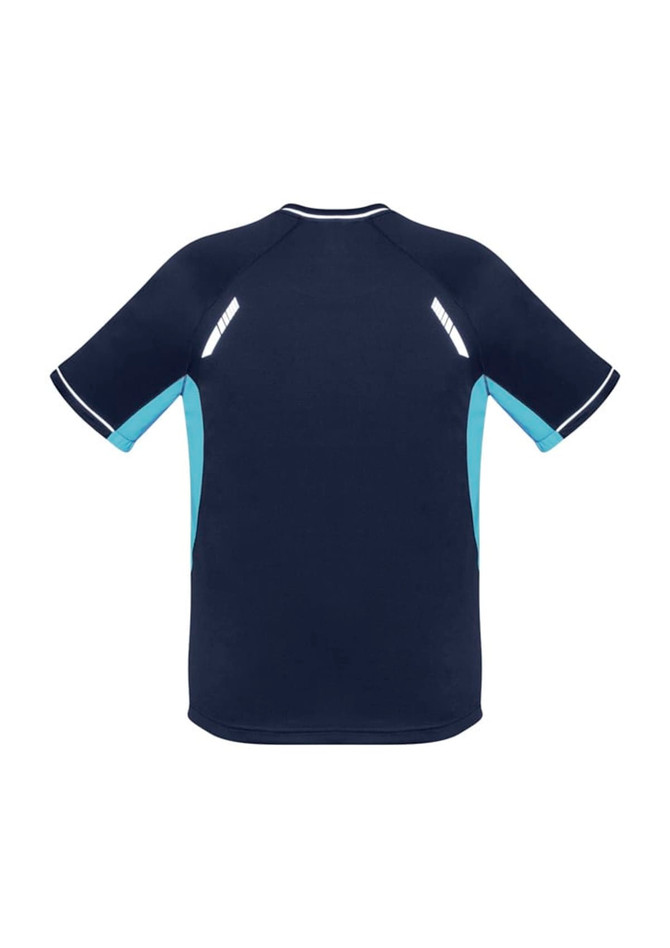 A navy blue short sleeve tee with light blue accents and reflective detailing, featuring a logo.