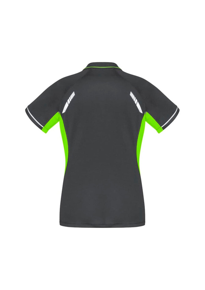 A women's short sleeve polo in dark grey with lime green accents and reflective detailing, featuring a logo.