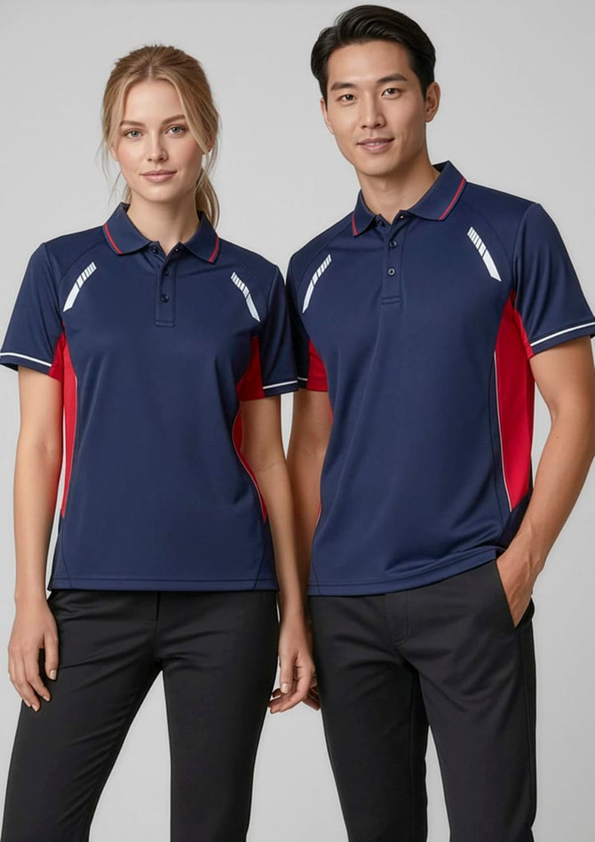 A navy and red short sleeve polo shirt featuring a logo, designed for women and men.