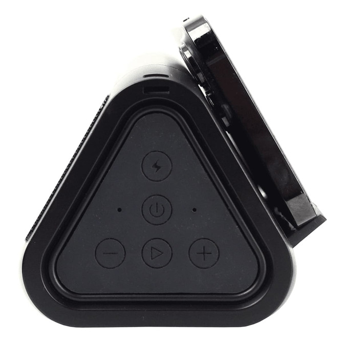 A triangular black outdoor speaker and wireless power bank featuring control buttons on the front and a logo.