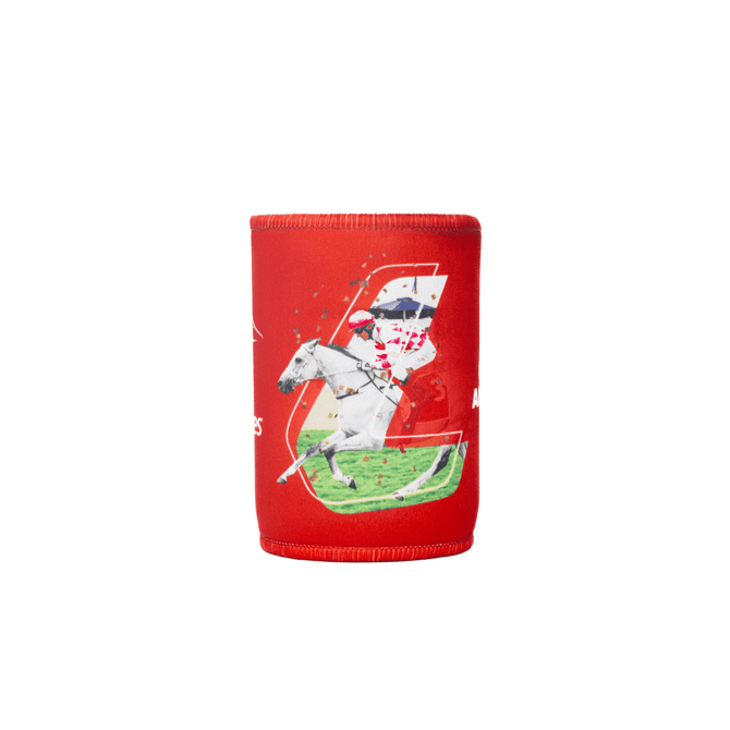 A stubby holder in red featuring an image of a horse and rider, with a logo.