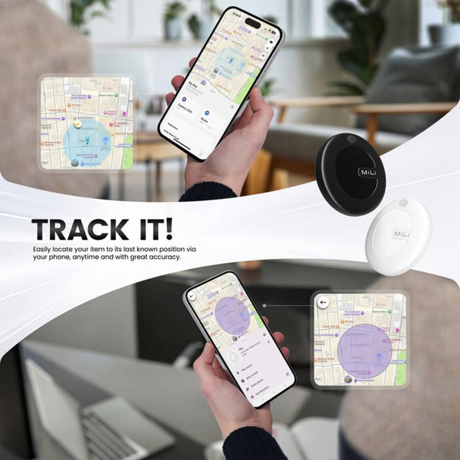 A black and white tracking tag is displayed alongside a smartphone showing a map with location markers.