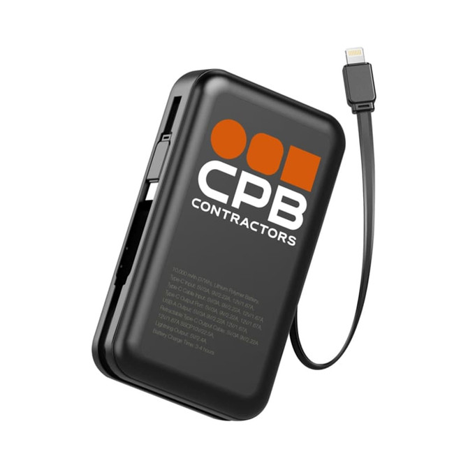 A black retractable cable power bank with a capacity of 10000 mAh and a logo on the surface.