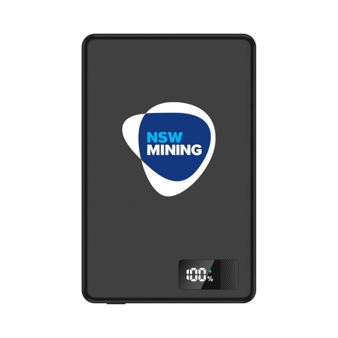 A black power bank with a logo and a digital display indicating battery percentage.