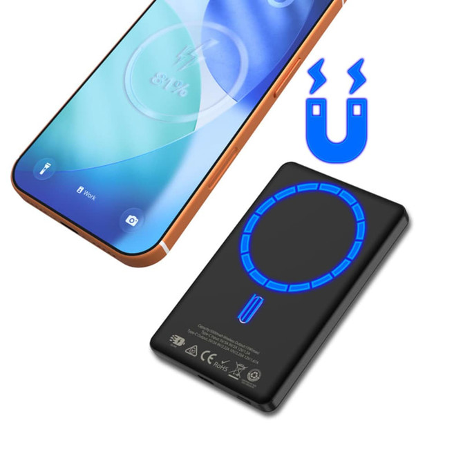 A black MagSafe power bank with a circular design, featuring a logo and a digital display indicating battery level.