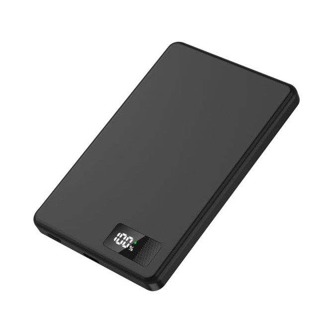 A black power bank with a slim design, featuring a digital display for charge level and a logo.