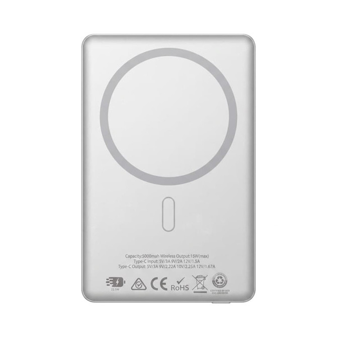 A silver power bank with a wireless charging circle on the surface, featuring a logo and technical specifications on the back.