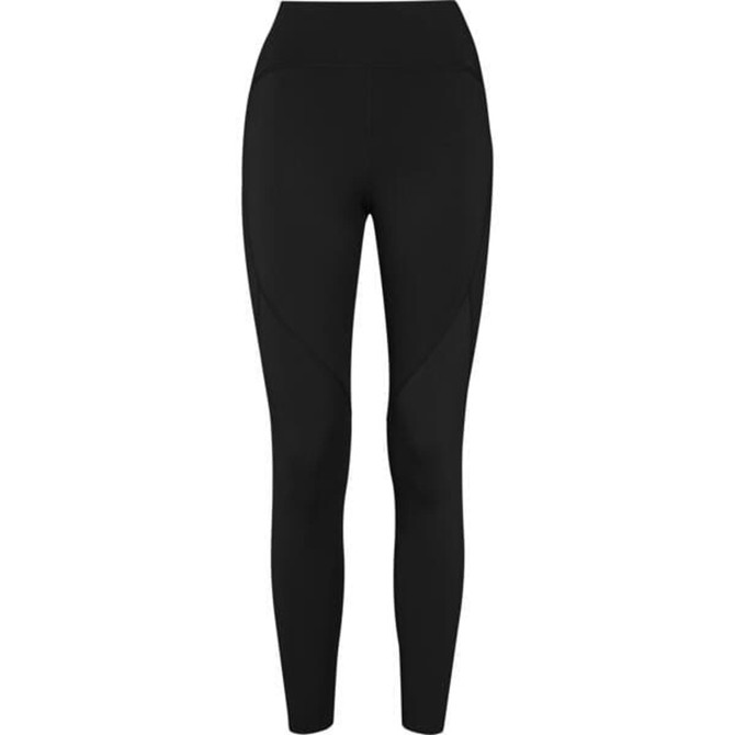 A pair of black compression leggings featuring a high waistband and a streamlined design. Includes branding.