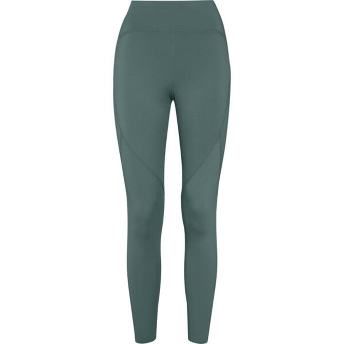 Compression leggings in a dark green colour with a fitted design and a high waistband, featuring a logo.