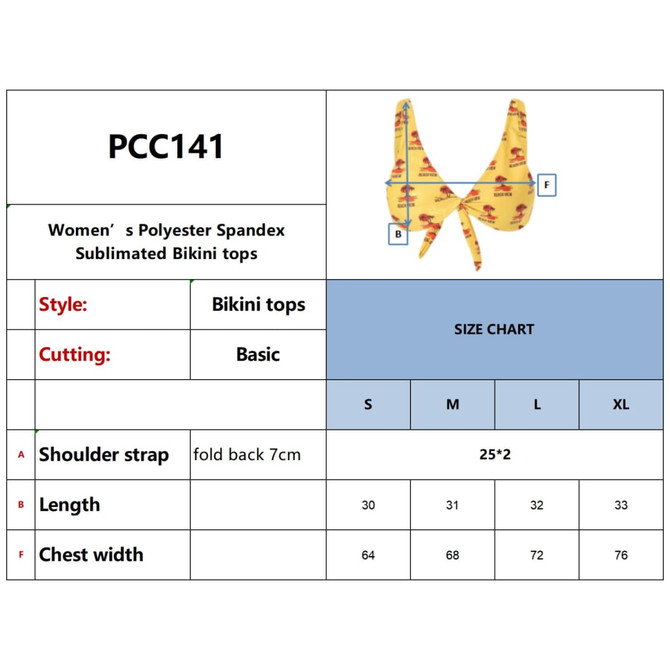 A yellow bikini top made from polyester spandex, featuring a logo and basic cutting style.