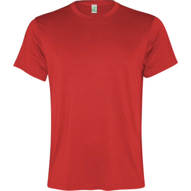 A plain red t-shirt with short sleeves and a classic crew neck design. It features a label at the collar.