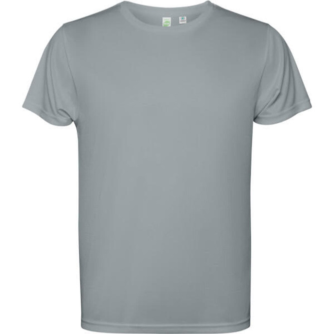 A grey t-shirt with short sleeves and a simple design, featuring a logo on the front.