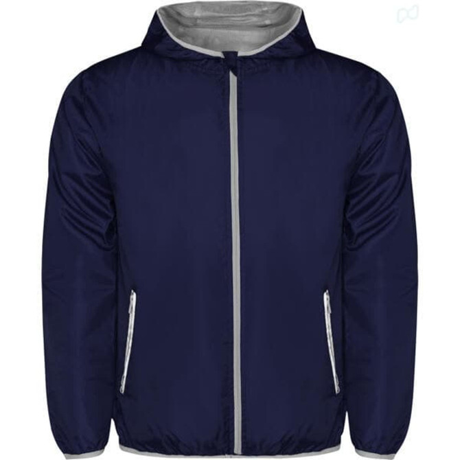 A navy blue windbreaker jacket featuring a grey lining and side pockets, with a hood and a logo.