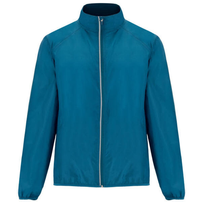 A lightweight windbreaker jacket in teal, featuring long sleeves and a zip front. It has a logo on it.