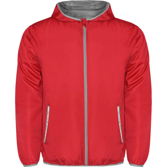 A red windbreaker jacket featuring a grey lining and zippered pockets, with a hood and a branding logo.