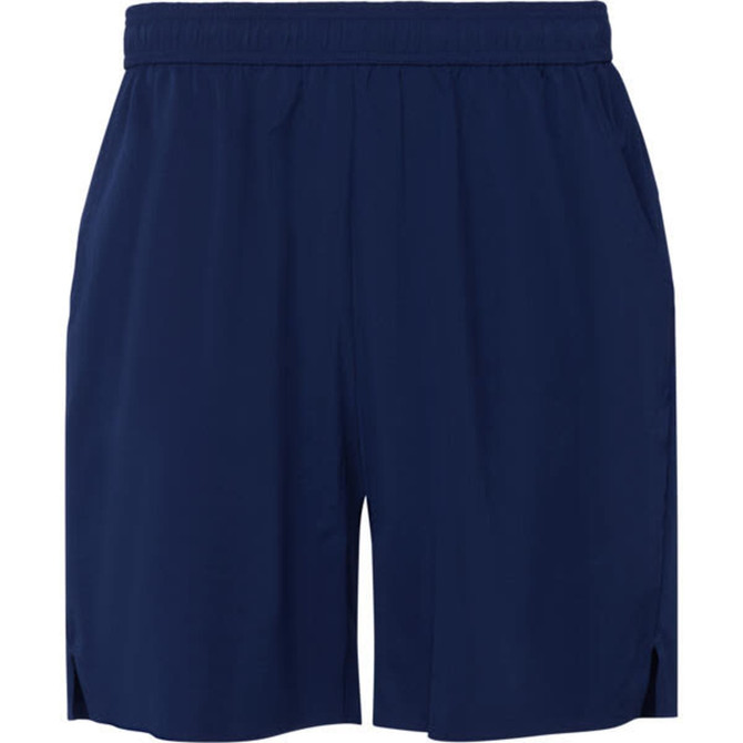 Navy blue sports shorts with an elastic waistband and side pockets, featuring a logo on the front.