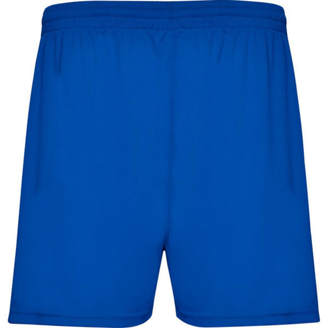 Blue sports shorts with an elastic waistband and side pockets, featuring a logo on the waistband.