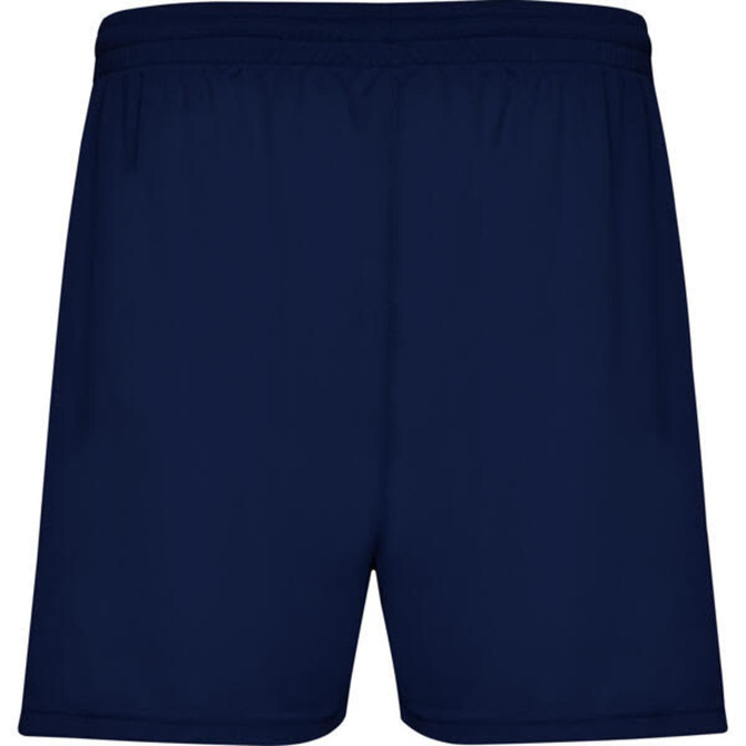 Navy blue sports shorts with an elastic waistband and a simple design, featuring a logo branding.