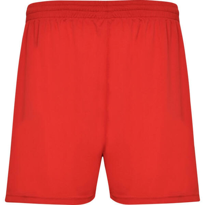 Red sports shorts featuring an elastic waistband and a logo on the front. Suitable for athletic activities.
