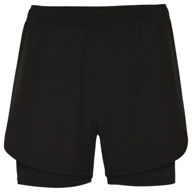 Black sports shorts featuring a layered design and an inner lining. The shorts also have a logo.