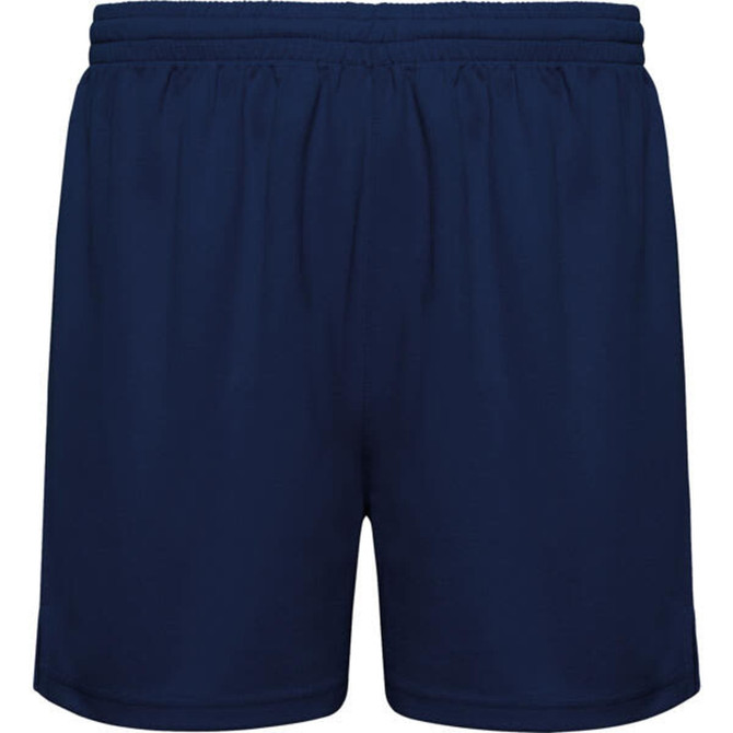 Navy blue sports shorts with an elastic waistband and a simple design, featuring a logo.