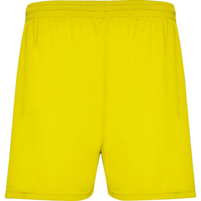 Bright yellow sports shorts with an elastic waistband and no visible logos or branding.
