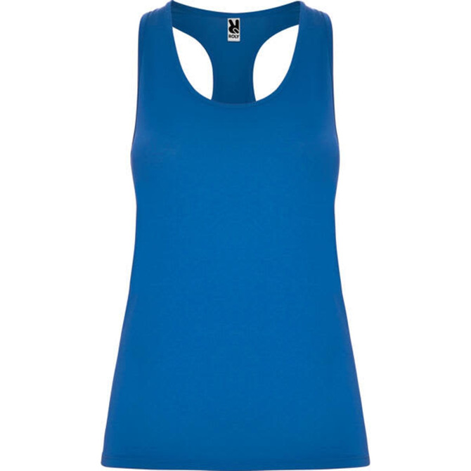 Aida Tank Top in vibrant blue, featuring a back cut-out design and a logo on the label. Ideal for casual wear.