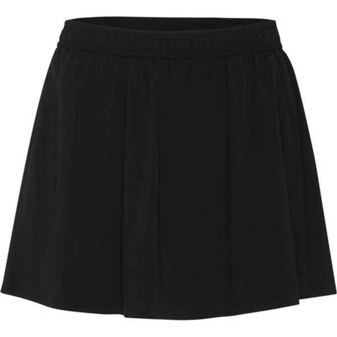 A black skort featuring pleats and an elastic waistband, designed as a casual bottom option.