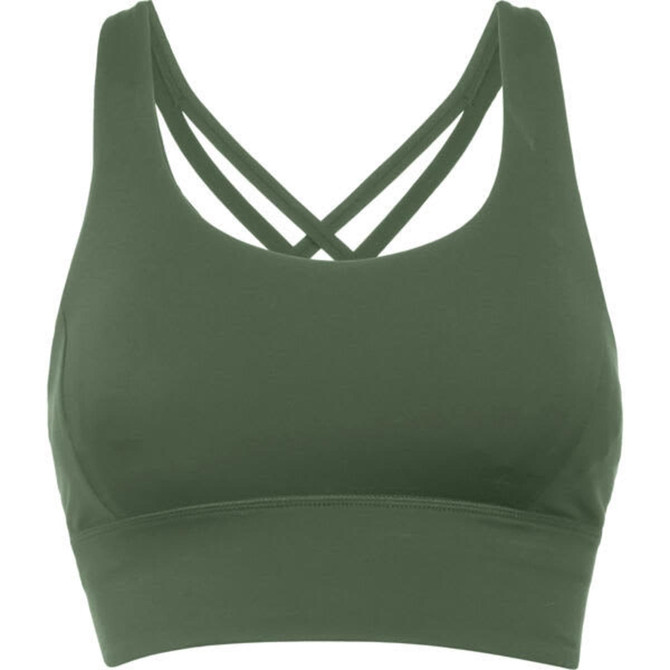 A green cropped tank top with criss-cross straps at the back and a smooth finish. It has a simple design and branding.