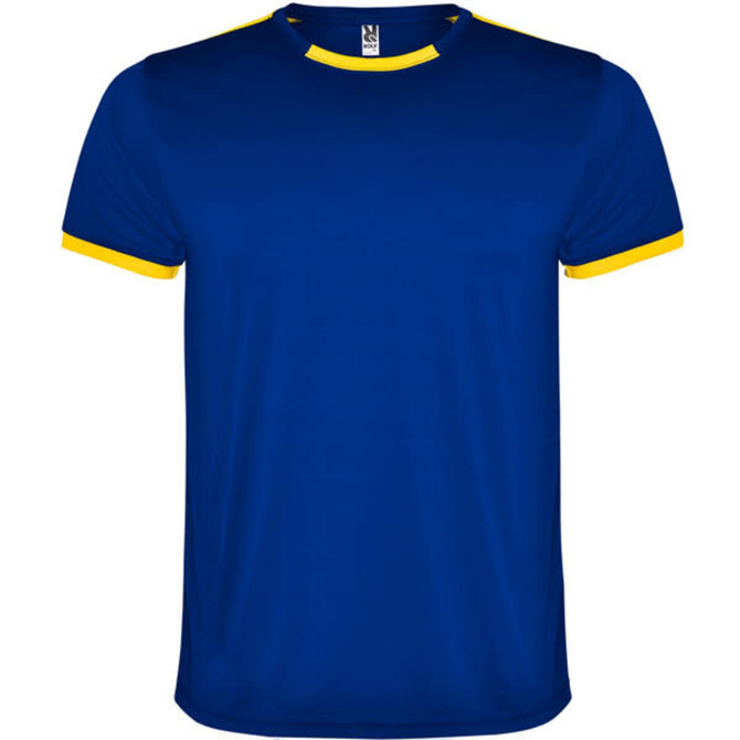 A blue sports shirt with yellow trim around the collar and sleeves. It features a logo on the front.