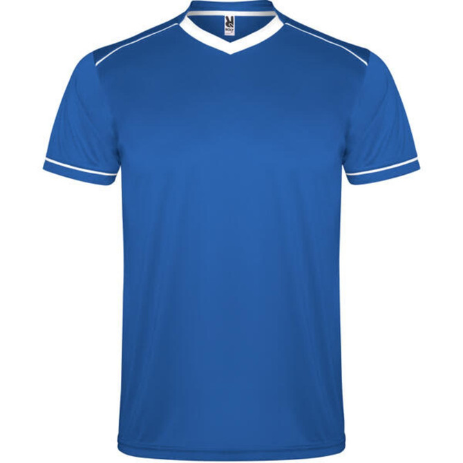 A blue sports uniform top with white accents and a V-neck design, featuring a logo.