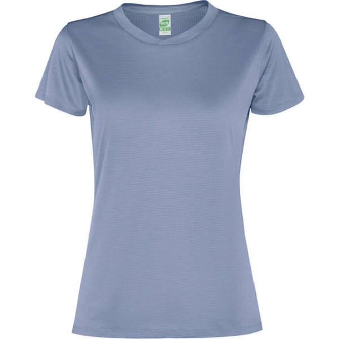 A blue womens' T-shirt with a simple design and a crew neckline, featuring a logo on the label.