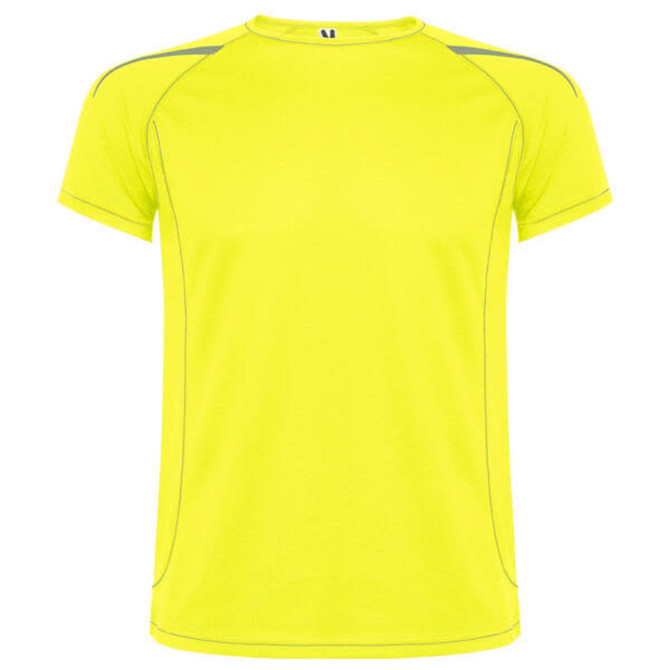 A bright yellow T-shirt with a crew neck and contrast stitching, featuring a logo on the upper front.