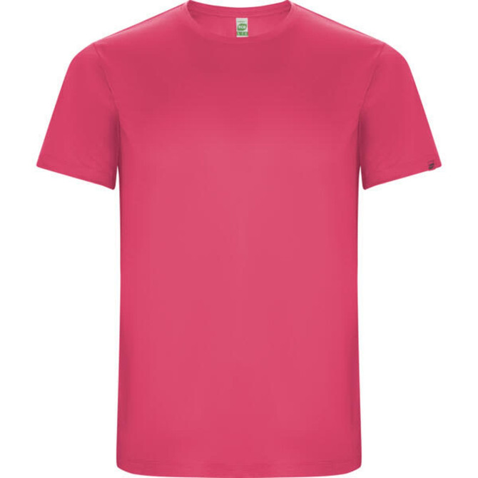 A pink t-shirt featuring a round neckline and short sleeves, with a logo on one sleeve.