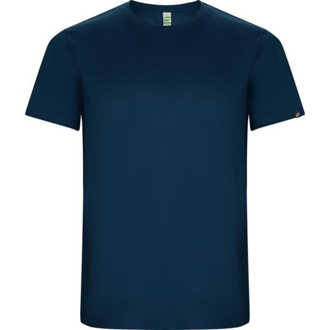 A navy blue t-shirt with a simple design and a small logo on the sleeve.