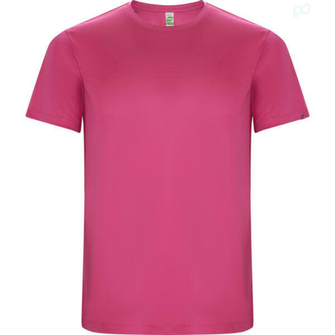 A pink Imola T-Shirt with a round neckline and short sleeves, featuring a logo on one side.
